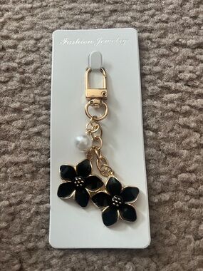 Gold Floral Keychain with Black Enamel Flowers and Pearl Accent